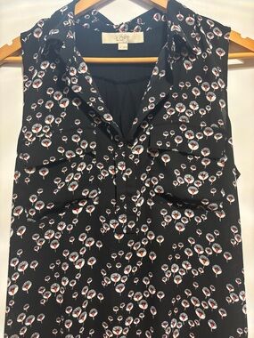 LOFT Black Sleeveless Floral-Print Blouse with White & Red Accents